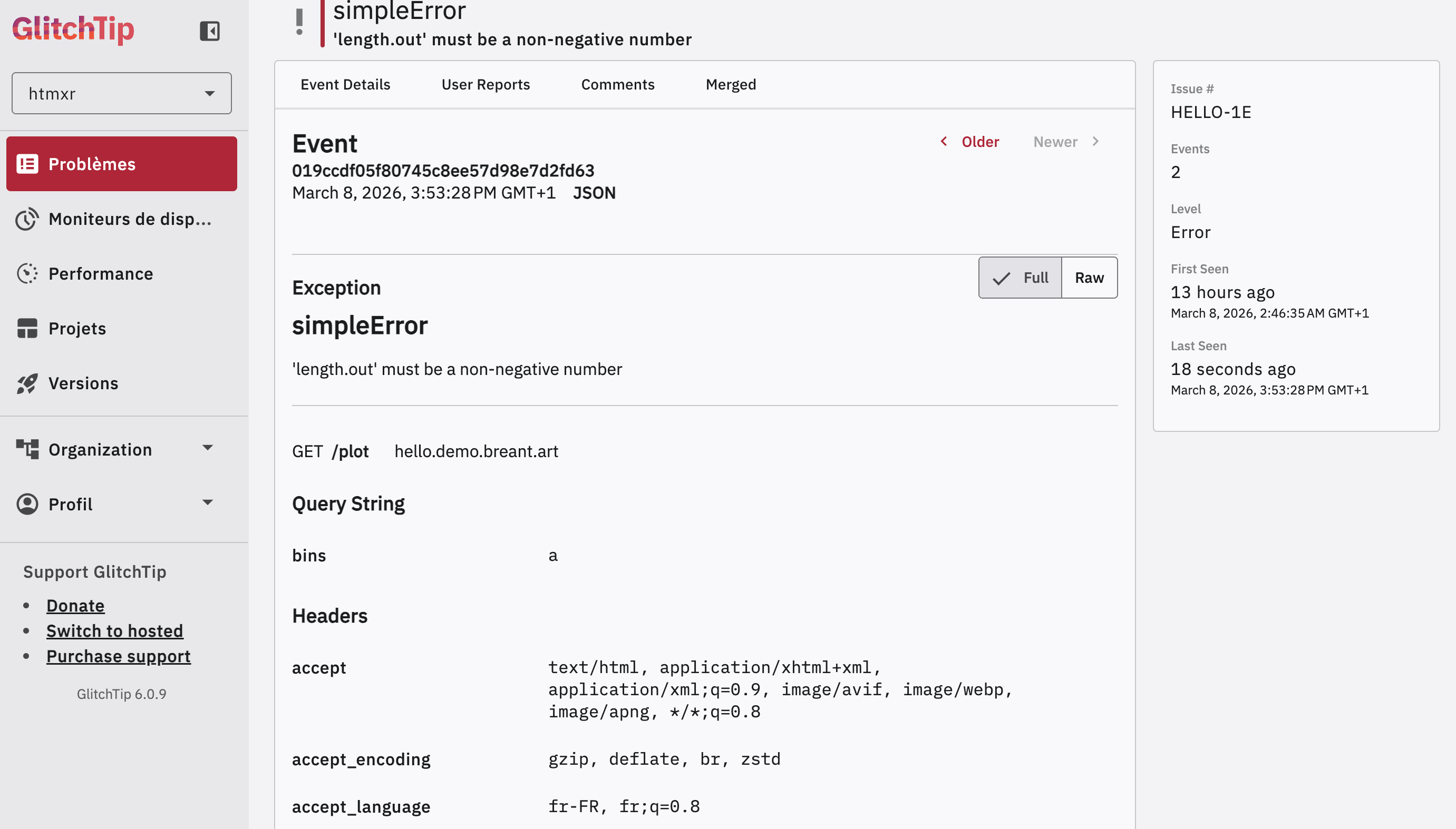GlitchTip error detail showing endpoint, query string bins=a, and request headers