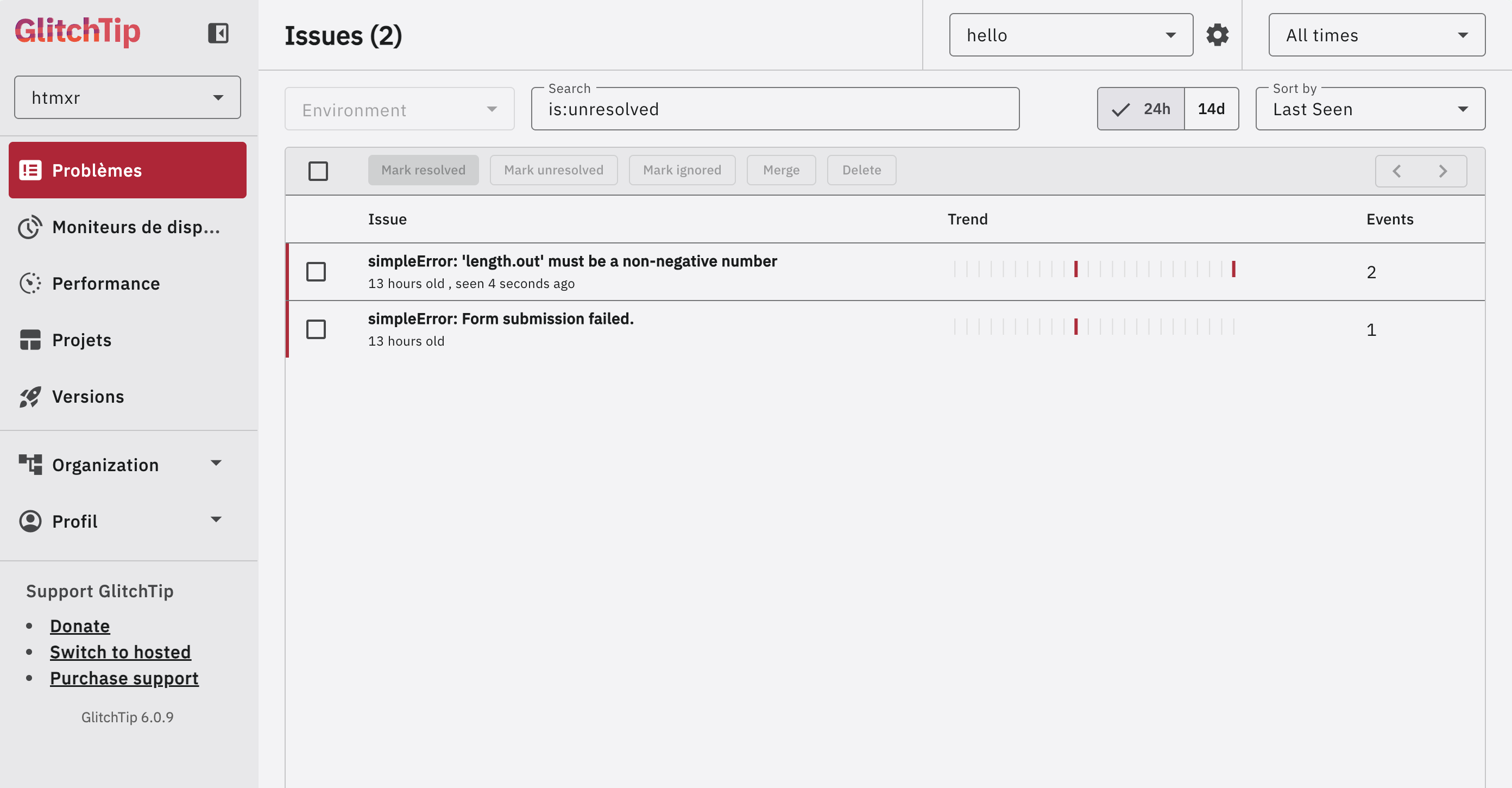 GlitchTip issue list showing two captured R errors