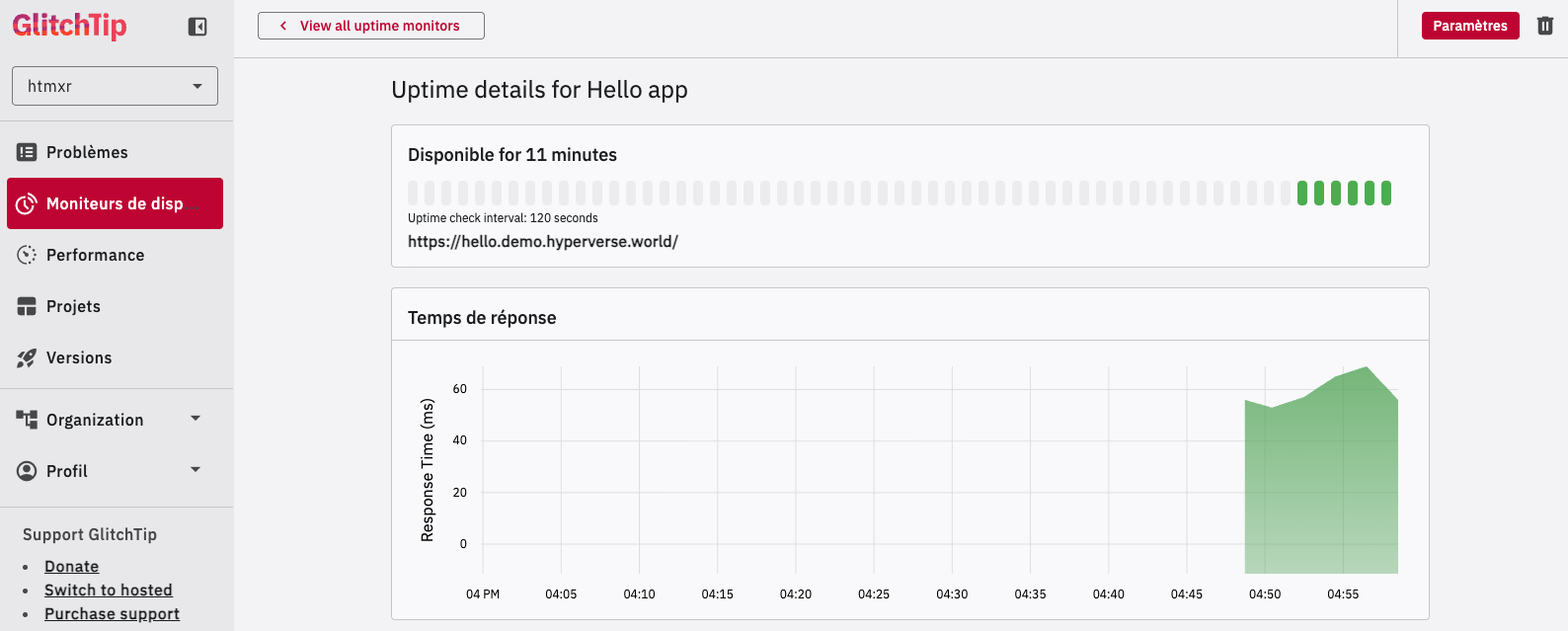 GlitchTip uptime monitor showing the htmxr hello app available for 22 hours with ~50ms response times